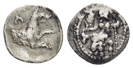 LYCAONIA. Laranda.(Circa 324/3 BC). Obol.

Obv : Baal seated left on throne, holding grain ear, grape bunch and sceptre.

Rev : Forepart of wolf right...