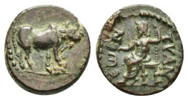 CAPPADOCIA. Tyana.(1st century BC).Ae.

Obv : Bull standing right.

Rev : TVANЄωN.
Zeus seated left on throne, holding sceptre and patera.
SNG Copenha...