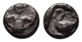 CILICIA. Mallos.(Circa 440-390 BC). Obol .

Obv : Half-length bust of winged figure facing, head right, holding disk.

Rev : MAP. Swan standing left w...