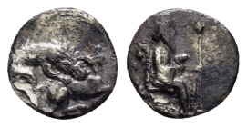 CILICIA. Myriandros. Mazaios (Satrap of Cilicia, 361/0-334 BC). Obol.

Obv : Crowned and bearded figure seated right on throne, holding flower and lot...