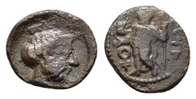 CILICIA. Tarsos. Tiribazos (Satrap of Lydia, 388-380 BC). Obol.

Obv : Ba'al standing left, holding eagle and sceptre; monogram to left.

Rev : Crowne...