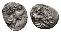 CILICIA.Uncertain.(4th Century BC).Obol.

Obv : Helmeted head of Athena to right.

Rev : Baaltars seated to right, holding eagle and scepter.
SNG Leva...