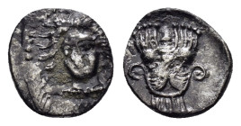 CILICIA. Uncertain.(4th century BC). Obol.

Obv : Head of female (Arethusa?) facing slightly left.

Rev : Facing head of Bes.
Göktürk 44; SNG BN 486; ...