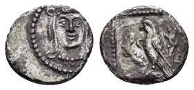 CILICIA. Uncertain.(4th century BC).Obol.

Obv : Facing head of Herakles, wearing lion skin.

Rev : Eagle standing left on horned head of stag; all wi...