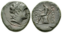 SELEUKID KINGS of SYRIA.Antiochos I Soter (281-261 BC).Ecbatana.Ae.

Obv : Diademed head right.

Rev : ΒΑΣΙΛΕΩΣ / ΑΝΤΙΟΧΟΥ.
Apollo seated left on omph...