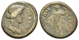 LYDIA. Tripolis. Pseudo-autonomous (2nd-3rd centuries). Ae.

Obv: ΘЄAN PΩMHN.
Draped bust of Roma right.

Rev: ΤΡΙΠΟΛЄΙΤΩΝ.
Dionysos standing left, ho...