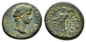 PHRYGIA. Hierapolis. Augustus (27 BC-14 AD). Ae. 

Obv : ΣΕΒΑΣΤΟΣ.
Bare head right.

Rev : MENΙΣΚΟΣ ΔΙΦΙΛΟΥ ΤΟ Γ ΙΕΡΑΠΟΛΙΤΩΝ.
Apollo standing left, ho...
