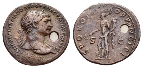 TRAJAN (98-117).Rome.As. 

Obv : IMP CAES NERVAE TRAIANO AVG GER DAC P M TR P COS V P P.
 Laureate bust right

Rev : S P Q R OPTIMO PRINCIPI S C.
Pax,...