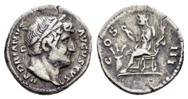 HADRIAN (117-138).Rome.Denarius. 

Obv : HADRIANVS AVGVSTVS.
Laureate head right.

Rev : COS III.
Annona or Abundantia seated left, holding hook and c...