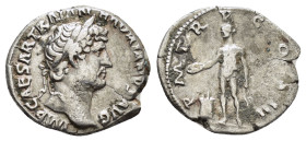 HADRIAN (117-138). Rome.Denarius.

Obv : IMP CAESAR TRAIAN HADRIANVS AVG.
Laureate head right.

Rev : P M TR P COS III.
Genius standing left with corn...