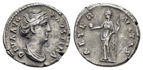 DIVA FAUSTINA I (Died 140/1).Rome.Denarius. 

Obv : DIVA AVG FAVSTINA.
Veiled and draped bust right.

Rev : AETERNITAS.
Aeternitas standing left, hold...