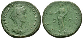 DIVA FAUSTINA I (Died 140).Rome.Sestertius. 

Obv : DIVA AVGVSTA FAVSTINA.
Veiled and draped bust right.

Rev : AETERNITAS / S - C.
Providentia standi...