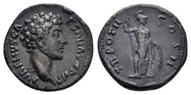 MARCUS AURELIUS (Caesar, 139-161).Rome.Denarius. 

Obv : AVRELIVS CAESAR AVG PII F.
Bare head right.

Rev : TR POT II COS II.
Minerva standing right, ...