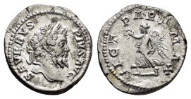 SEPTIMIUS SEVERUS (193-211).Rome.Denarius. 

Obv : SEVERVS PIVS AVG.
Laureate bust right.

Rev : VICT PART MAX.
Victory advancing left with wreath and...