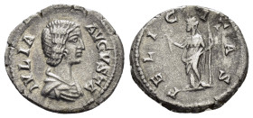 JULIA DOMNA (Augusta, 193-217).Rome.Denarius.

Obv : IVLIA AVGVSTA.
Draped bust right.

Rev : FELICITAS.
Felicitas standing left, holding caduceus and...