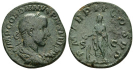 GORDIAN III (238-244). Rome.Sestertius.

Obv : IMP CAES M ANT GORDIANVS AVG.
Laureate, draped and cuirassed bust right.

Rev : P M TR P II COS P P / S...