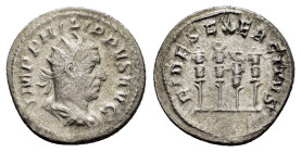 PHILIP I THE ARAB (244–249).Antioch.Antoninianus. 

Obv : IMP M IVL PHILIPPVS AVG.
Radiate, draped and cuirassed bust right.

Rev : FIDES EXERCITVS.
A...