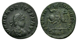 HONORIUS (393-423).Cyzicus.Ae. 

Obv : D N HONORIVS P F AVG.
Bust of Honorius, pearl-diademed, draped and cuirassed, right.

Rev : GLORIA ROMANORVM SM...