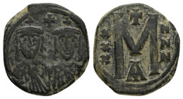 LEO III and CONSTANTINE VI.(717-741).Constantinople .Follis.

Obv : LЄON S CON.
Facing busts of Leo III and Constantine V each wearing crown and chlam...