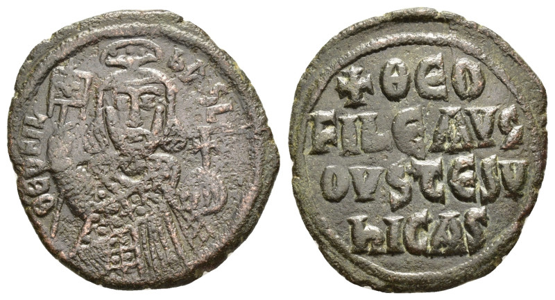 THEOPHILUS (829-842). Constantinople.Follis.

Obv : ΘЄOFIL' ЬASIL'.
Facing bust,...