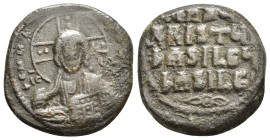 BASIL II and CONSTANTINE VIII.(976-1025).Anonymous Issue.Constantinople.Follis.

Obv : EMMANOVHL IC XC.
Facing bust of Christ Pantokrator.

Rev : IhSU...