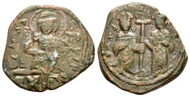 CONSTANTINE X DUCAS.(1059-1067).Constantinople.Follis.

Obv : +EMMA NOVHA.
Christ standing facing on footstool, wearing nimbus and holding Gospels, IC...