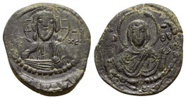 ROMANUS IV.(1068-1071).Anonymous Class G.Constantinople.Follis.

Obv : Bust of Christ facing with nimbate cross, pallium and colobium, and raising rig...