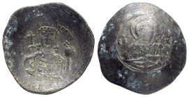 JOHN II COMNENUS (1118-1143).Constantinople.Billon-Aspron Trachy. 

Obv : Facing bust of Christ Pantokrator.

Rev : Crowned facing bust of John, holdi...