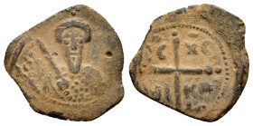 CRUSADERS.Antioch.Tancred.(1101-1112).Follis

Obv : KE BOIΘH TANKRI.
Bust of Tancred facing, wearing turban and chain mail, holding sword over his sho...