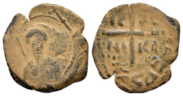 CRUSADERS.Antioch.Tancred.(1101-1112).Follis

Obv : KE BOIΘH TANKRI.
Bust of Tancred facing, wearing turban and chain mail, holding sword over his sho...