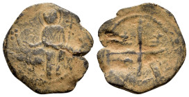 CRUSADERS.Antioch.Roger of Salerno.Regent.(1112-1119).Follis.

Obv : KЄMMΛ NOVHΛ.
Christ Pantocrator standing facing; IC XC across field.

Rev : Cross...