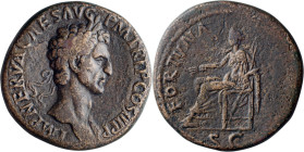 Nerva. Sestertius; Nerva; 96-98 AD, Rome, 97 AD, Sestertius, 26.04g. BMC-p. 24 (citing St. Florian Collection). Obv: IMP NERVA CAES AVG - P M TRI P (s...