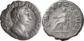 Trajan. Denarius; Trajan; 98-117 AD, Rome, 100 AD, Denarius, 3.35g. Woytek-85h (2 spec.), pl. 13 (same obv. die). Obv: IMP CAES NERVA TRAIAN AVG GERM ...