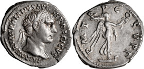 Trajan. Denarius; Trajan; 98-117 AD, Rome, 102 AD, Denarius, 3.38g. Woytek-168b (1 spec.). Obv: IMP NERVA TRAIANVS AV[G G]ER DACICVS Head laureate r. ...