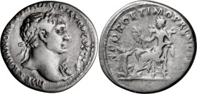 Trajan. Denarius; Trajan; 98-117 AD, Rome, c. 106-7 AD, Denarius, 3.04g. Woytek-220c-2 (1 spec.). Obv: IMP TRAIANO AVG GER DAC P M TR P COS V P [P] Bu...