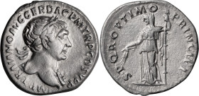 Trajan. Denarius; Trajan; 98-117 AD, Rome, c. 107 AD, Denarius, 3.13g. Woytek-220c-2 (1 spec.). Obv: IMP TRAIANO AVG GER DAC P M TR P COS V P P Bust l...