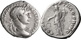 Trajan. Denarius; Trajan; 98-117 AD, Rome, c. 108-9 AD, Denarius, 2.97g. Woytek-278f (4 spec.). Obv: [IMP T]RAIANO AVG - [GE]R DAC P M TR [P] Bust lau...