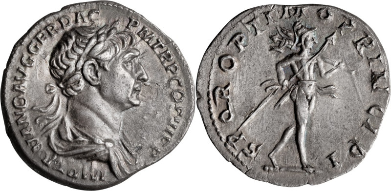 Trajan. Denarius; Trajan; 98-117 AD, Rome, 113-4 AD, Denarius, 2.79g. Woytek-423...
