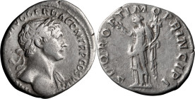 Trajan. Denarius; Trajan; 98-117 AD, Rome, c. 113-4 AD, Denarius, 3.15g. Woytek-422d (new combination). Obv: COS VI, Bust laureate r., with bare chest...