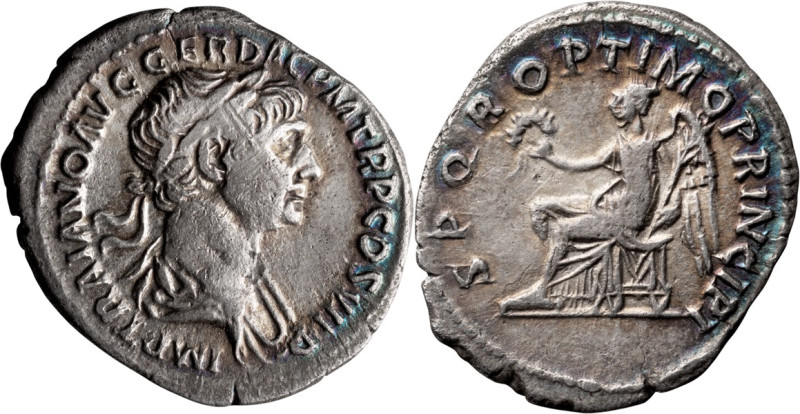 Trajan. Quinarius; Trajan; 98-117 AD, Rome, c. 112-4 AD, Quinarius, 1.30g. Woyte...