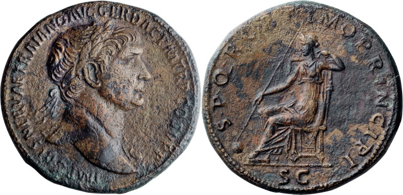 Trajan. Sestertius; Trajan; 98-117 AD, Rome, c. 104-7 AD, Sestertius, 27.62g. Wo...