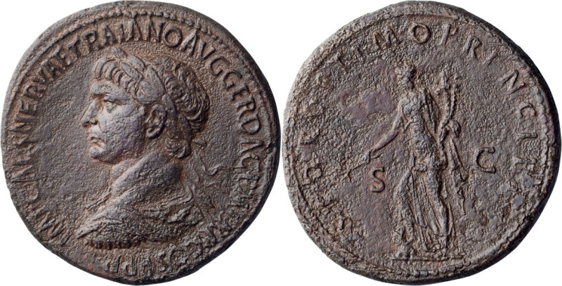 Trajan. Sestertius; Trajan; 98-117 AD, Rome, c. 104-7 AD, Sestertius, 25.83g. Wo...