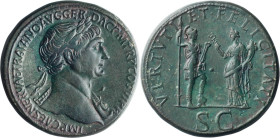 Trajan. Sestertius; Trajan; 98-117 AD, Rome, 112-115 AD, Sestertius, 27.32g. Woytek-471c (4 spec., 2 ill pl. 94, both same dies as ours). Obv: IMP CAE...