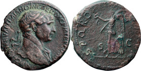 Trajan. 40-as; Trajan; 98-117 AD, Rome, c. 112-4 AD, As, 9.64g. Woytek-463b (new combination). Obv: With title COS VI, not yet OPTIMO; Head laureate r...