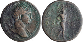 Trajan. Dupondius; Trajan; 98-117 AD, Rome, c. 114 AD, Dupondius, 10.05g. Woytek-459b (4 spec.). Obv: COS VI legend; Bust radiate r., with fold of clo...