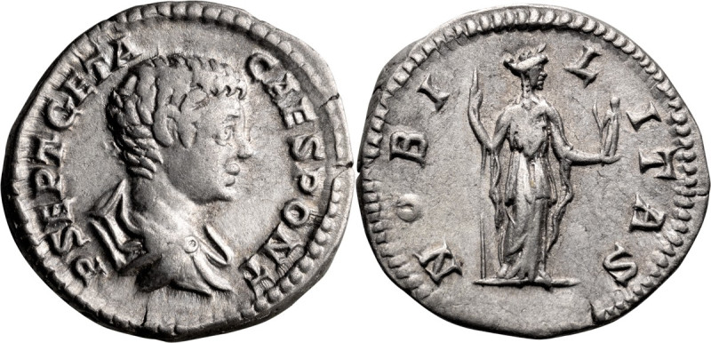 Geta as Caesar. Denarius; Geta as Caesar; 198-209 AD, Rome, 204 AD, Denarius, 3....