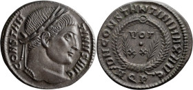 Constantine I. Follis; Constantine I; 307-337 AD, Aquileia, 322 AD, Follis, 3.02g. RIC-104. Obv: CONSTANTINVS AVG Head laureate r. Rx: VOT / XX flanke...