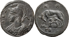 Constantine I. Nummus; Constantine I; 307-337 AD, Siscia, 334-335 AD, Nummus, 2.13g. RIC-240. Obv: VRBS ROMA, helmeted bust of Roma to left, wearing i...