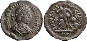 Theodosius I. AE 4; Theodosius I; 379-395 AD, Cyzicus, c. 388-95 AD, AE 4, 0.62g. RIC-26b.2. Obv: Bust r. Rx: Victory advancing l., holding trophy and...