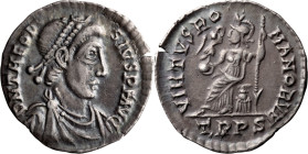 Theodosius I. Siliqua; Theodosius I; 379-395 AD, Trier, Siliqua, 1.71g. RIC-94b, RSC-57a. Obv: DN THEODOSIVS PF AVG, Pearl-diademed bust right Rx: VIR...